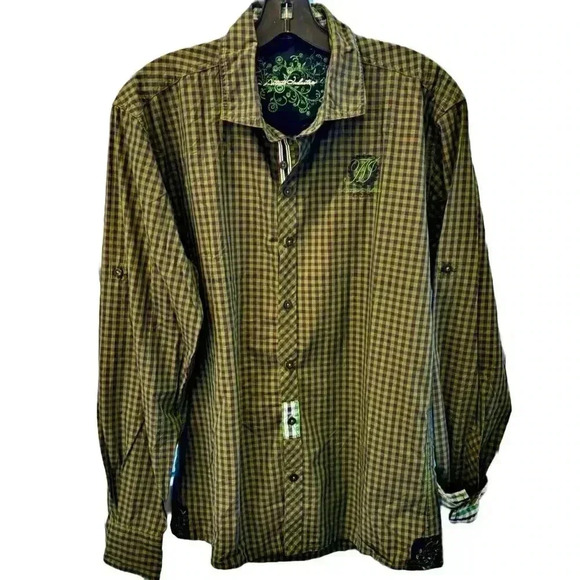 Artisti Industrie Italy Checkered Long Sleeve Button Up Green & Navy Cotton Sz L - Picture 1 of 11